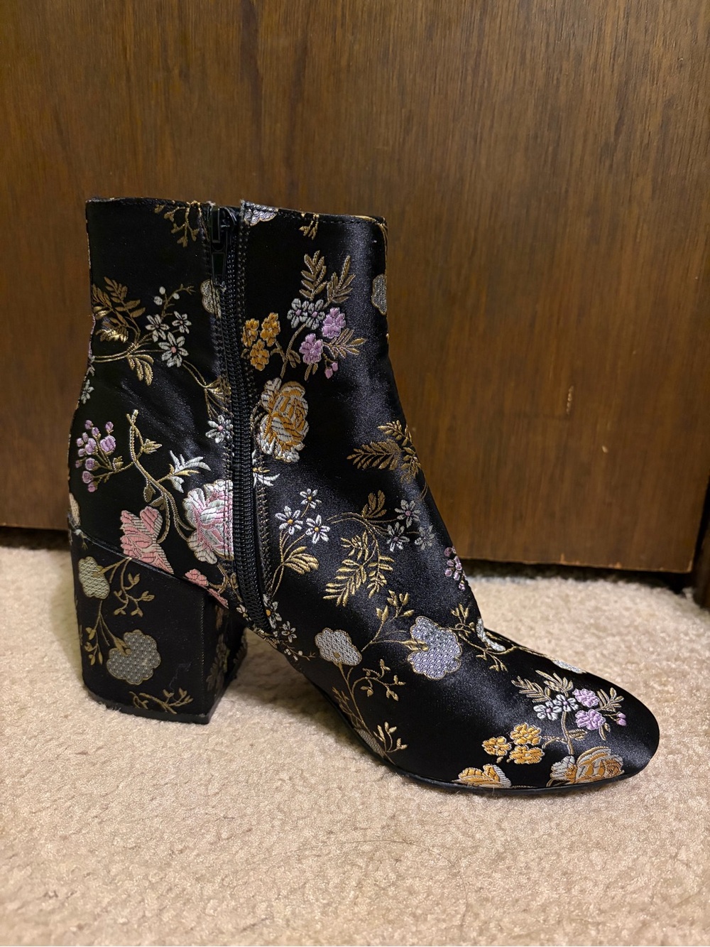 Charlotte Russe Black Satin Floral Ankle Boots